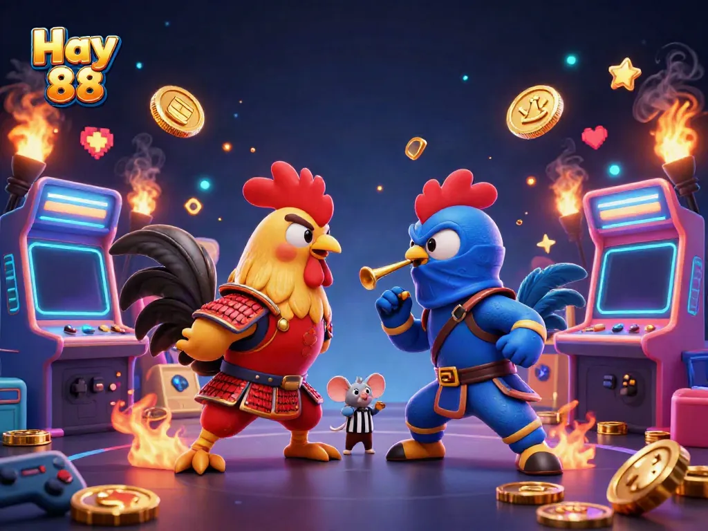 Competitive scene with Hay 88's roosters and gaming elements illustrating vibrant casino action.