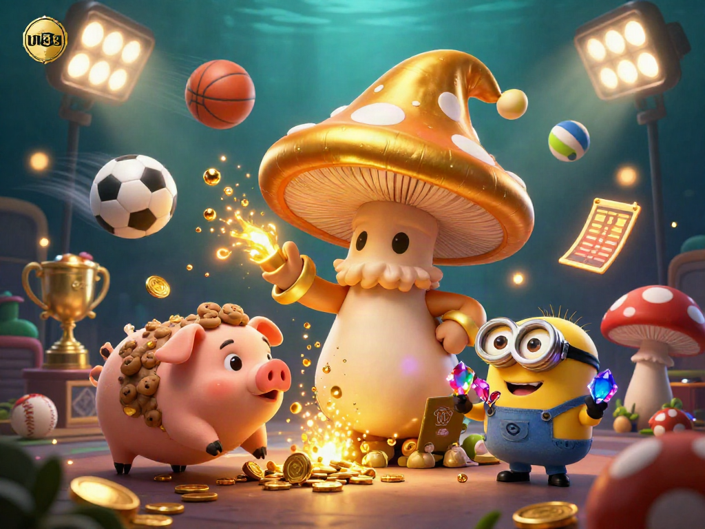 Experience the magic of UU88 with a whimsical depiction of a golden mushroom wizard amid casino excitement.