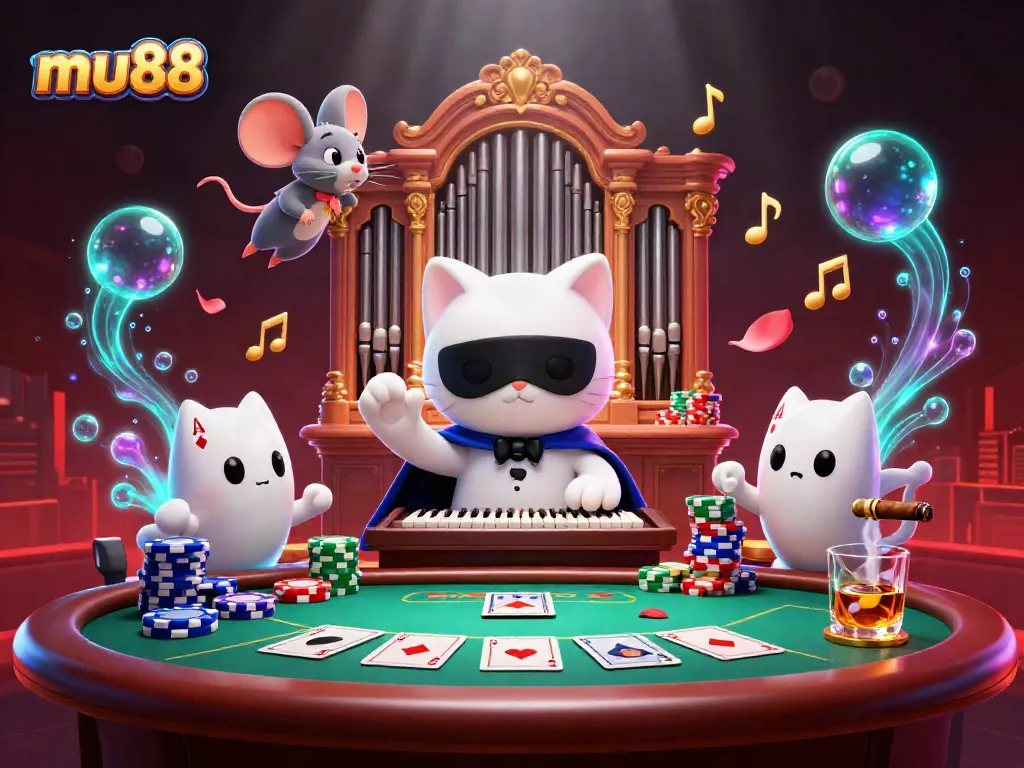 Experience the thrill of gambling at mu88 with a playful interaction between a cat and mouse acrobat among casino elements.