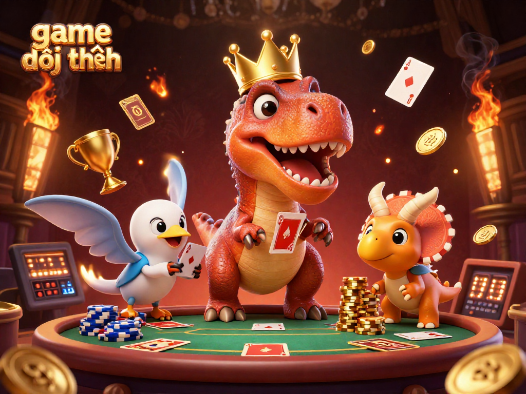 Experience the excitement of game đổi thưởng with friendly characters and dynamic poker elements in a lively casino scene.