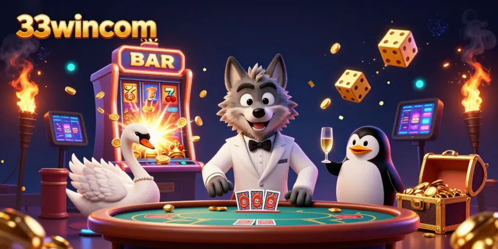 Experience big wins with 33wincom at a vibrant casino scene featuring dynamic characters and jackpot excitement.