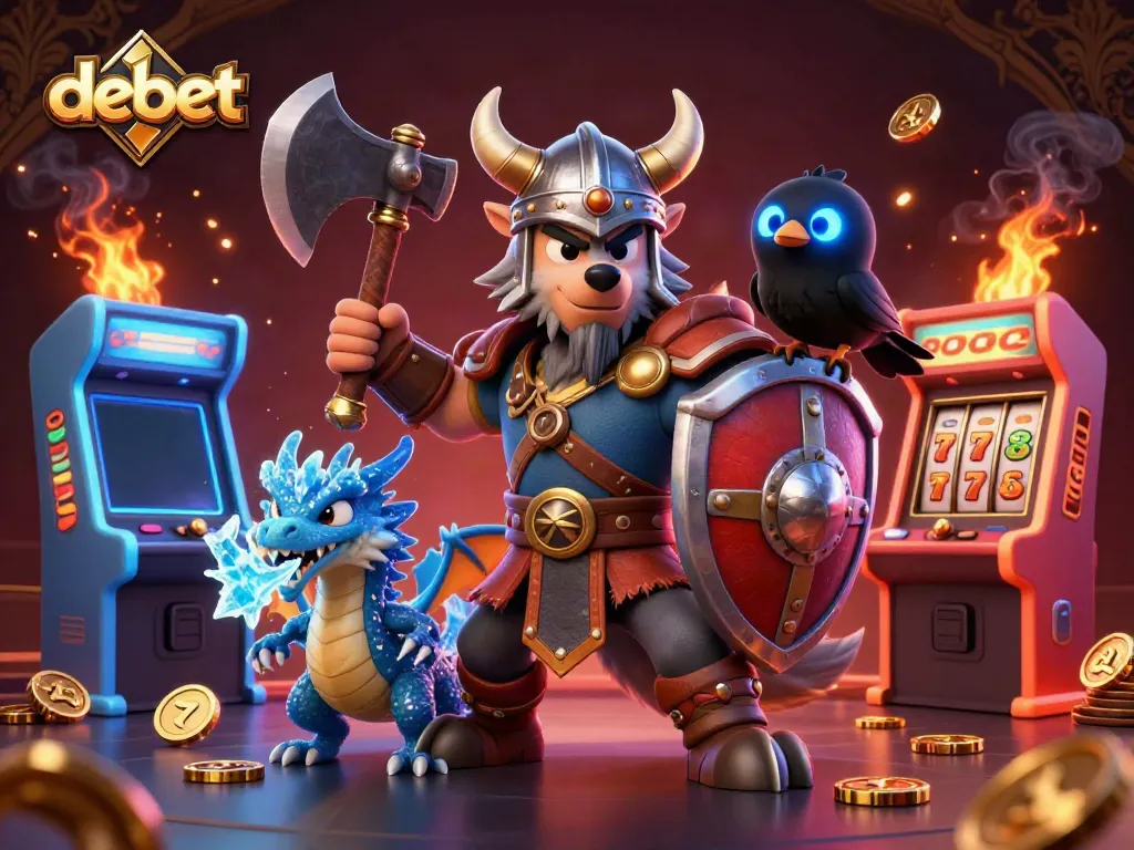 Engage with debet's dynamic casino experience featuring a digital Viking warrior and colorful gaming elements.
