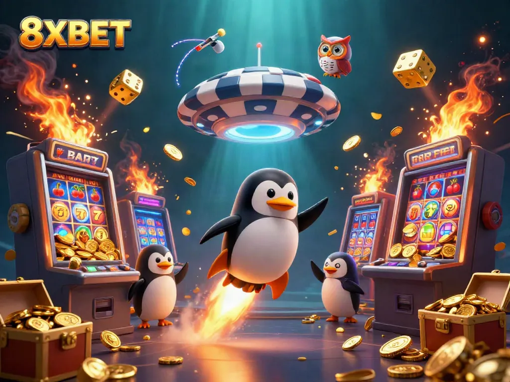 Experience the thrilling world of 8XBET with a golden penguin, slots, and casino excitement in a vibrant 3D scene.