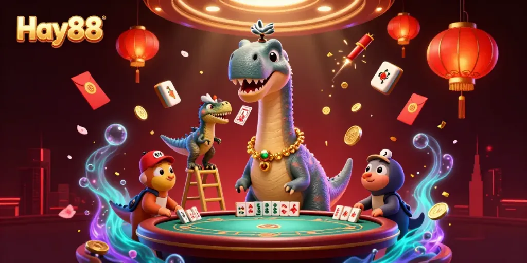 Experience Hay88's thrilling gambling scene with a towering dinosaur and a clever raptor as dealers.