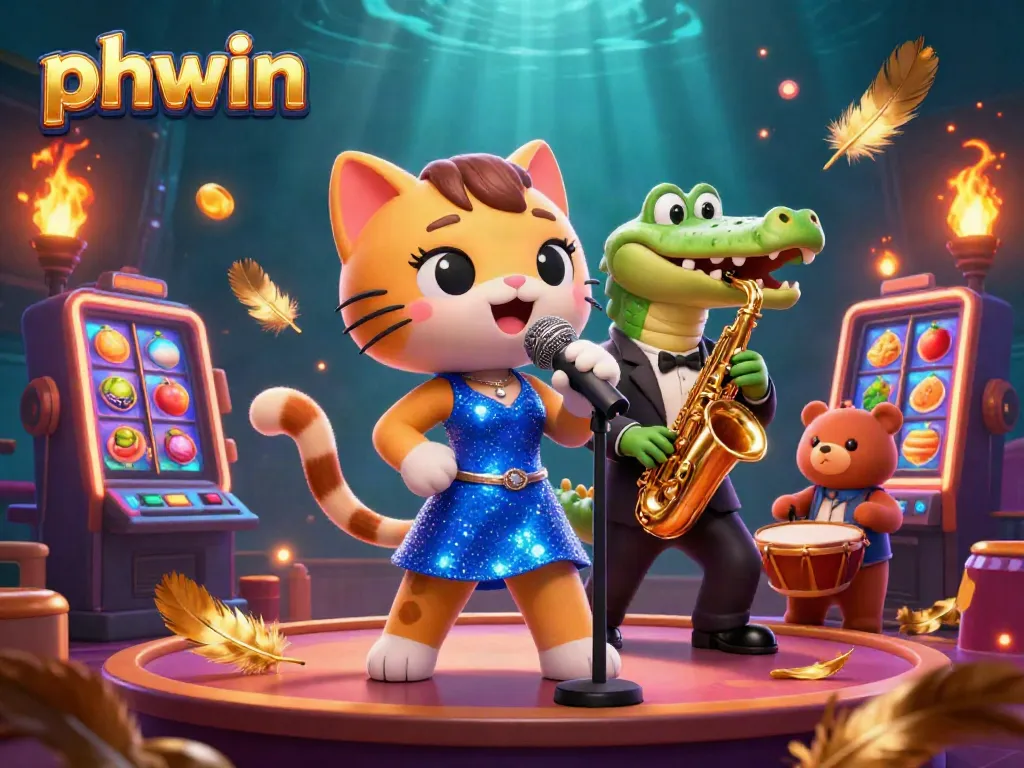 Experience excitement at phwin as a jazz-singer cat and musical friends entertain on stage amidst vibrant casino symbols.