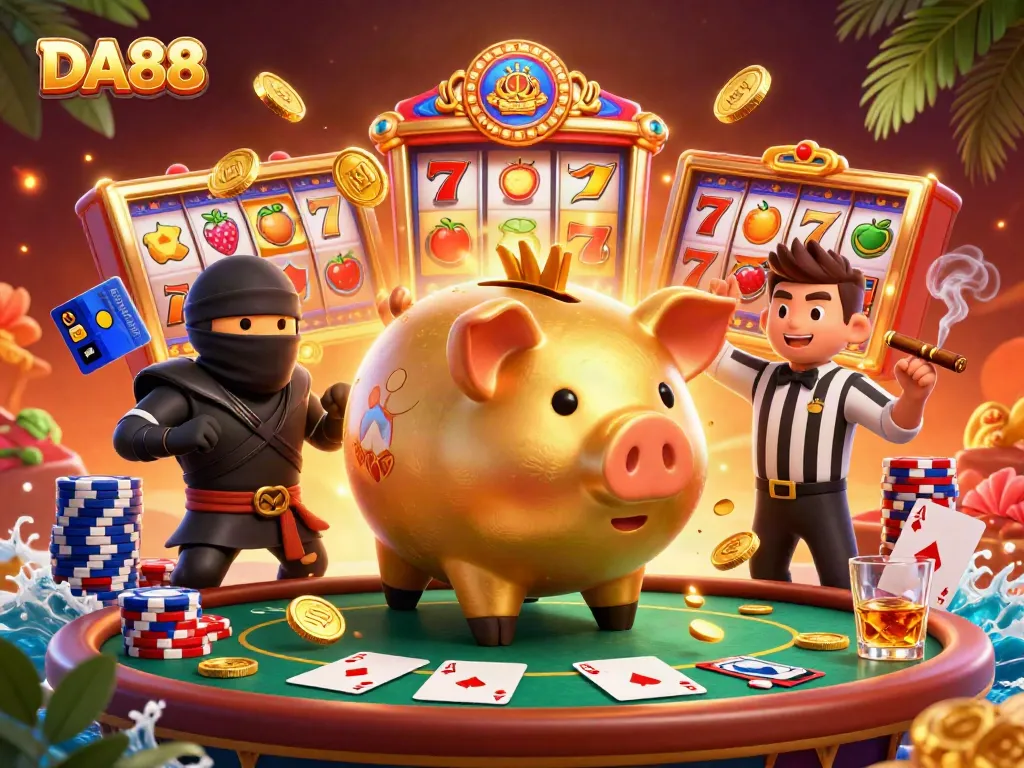 Celebrate wins at DA88 with vibrant slot reels and lively characters in an exciting casino atmosphere.