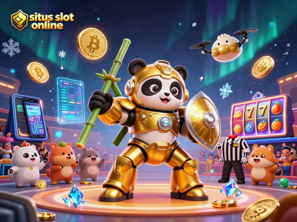 Engage with situs slot online scene featuring a golden panda in a mech combat robot amidst exciting slot game elements.