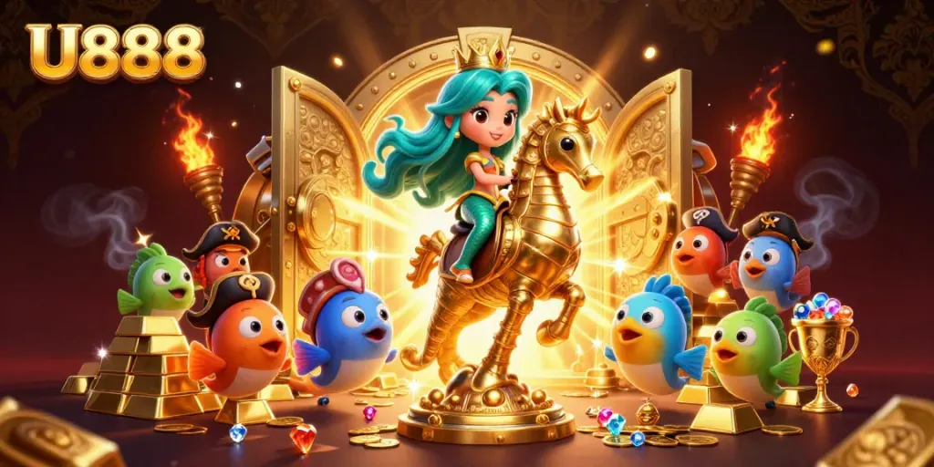 Experience U888 with a vibrant scene featuring a mermaid, golden treasures, and colorful fish amidst atmospheric decor.