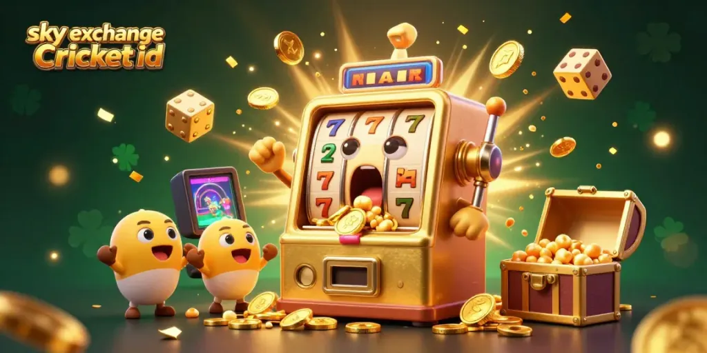 Engage in thrilling action with the sky exchange Cricket id through a vibrant slot machine illustration filled with excitement.