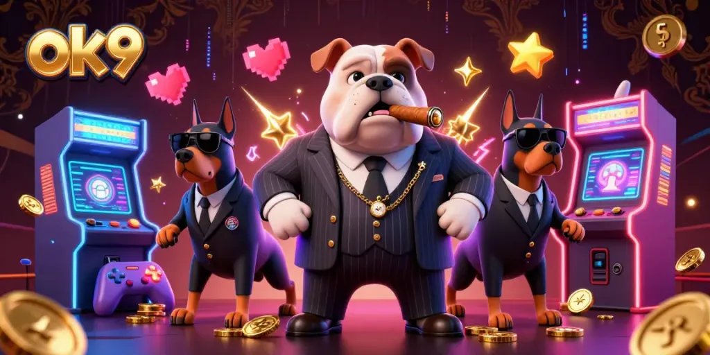 Engage in thrilling gaming with ok9, featuring a mafia boss bulldog and Doberman bodyguards amidst dynamic casino elements.