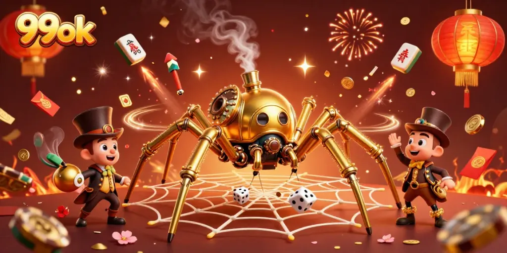 Engage with 99ok's thrilling online casino experience, featuring a steampunk spider and floating games.