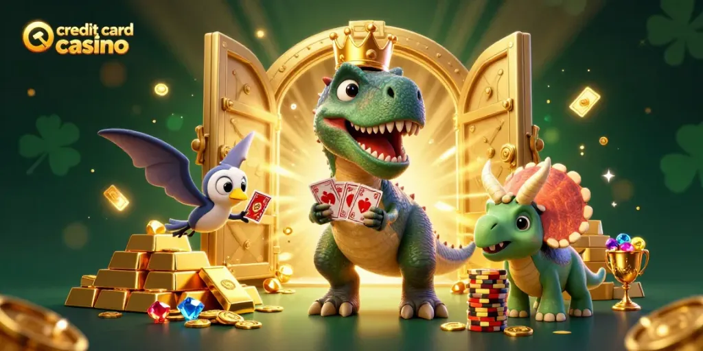 Experience the thrill at a credit card casino with animated characters and treasures.
