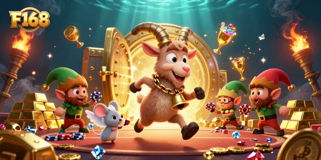 Experience the thrilling F168 casino vibe with a spooky Krampus goat, angel mouse, and mischievous elf gremlins.