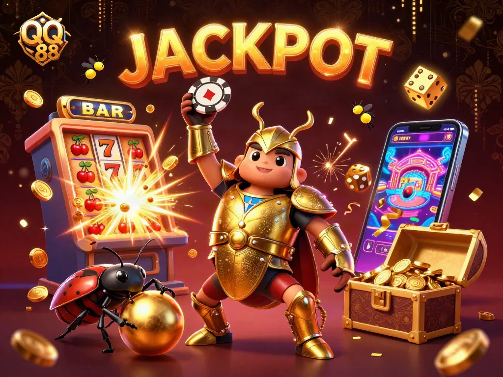 Experience the thrill of QQ 88 casino with a victorious beetle and jackpot fireworks!