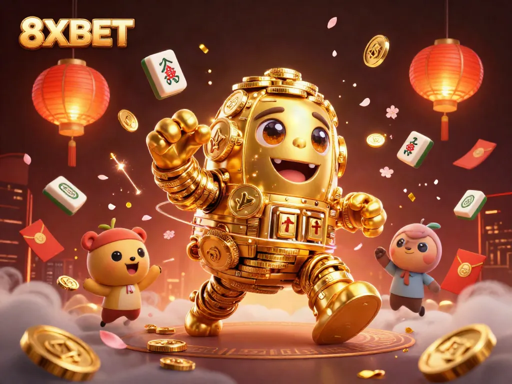 Experience thrilling gameplay with the dynamic golem of 8XBET surrounded by festive gaming elements.