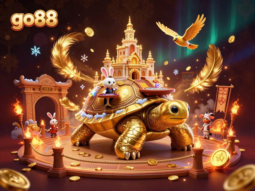 Experience go88 with an exciting casino scene featuring golden tortoise, rabbit dealer, and flying coins.
