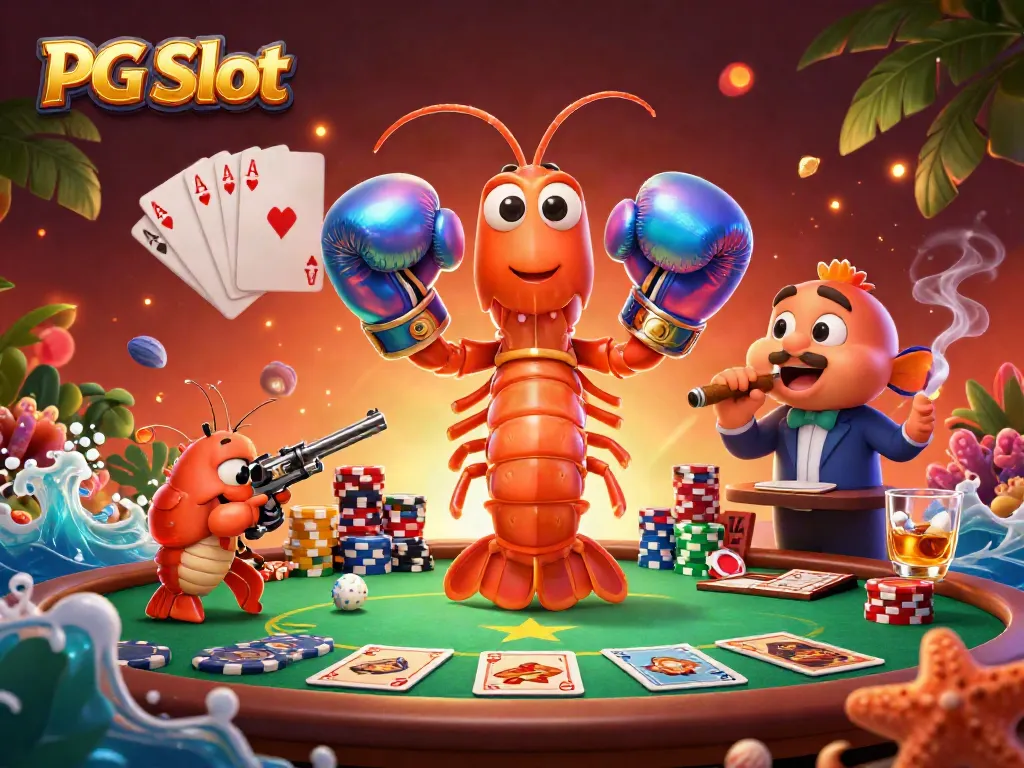 Engage with PG Slot gameplay featuring cartoon shrimp characters in a vibrant casino setting, showcasing poker elements.