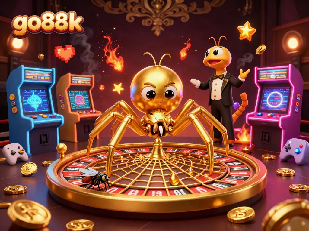 Place bets with go88k in a vibrant casino scene featuring a golden spider and centipede croupier.