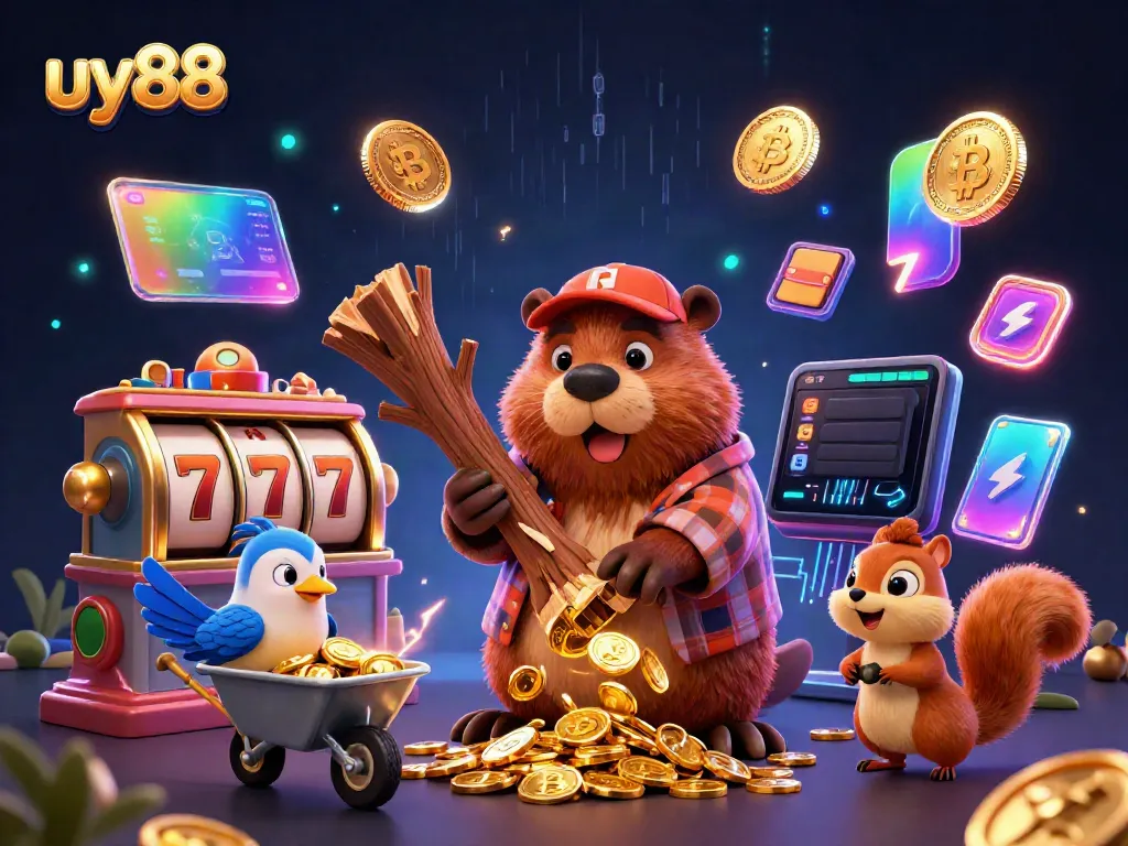 Spin the reels for big wins at uy88, a captivating illustration with cartoon characters and gold coins.