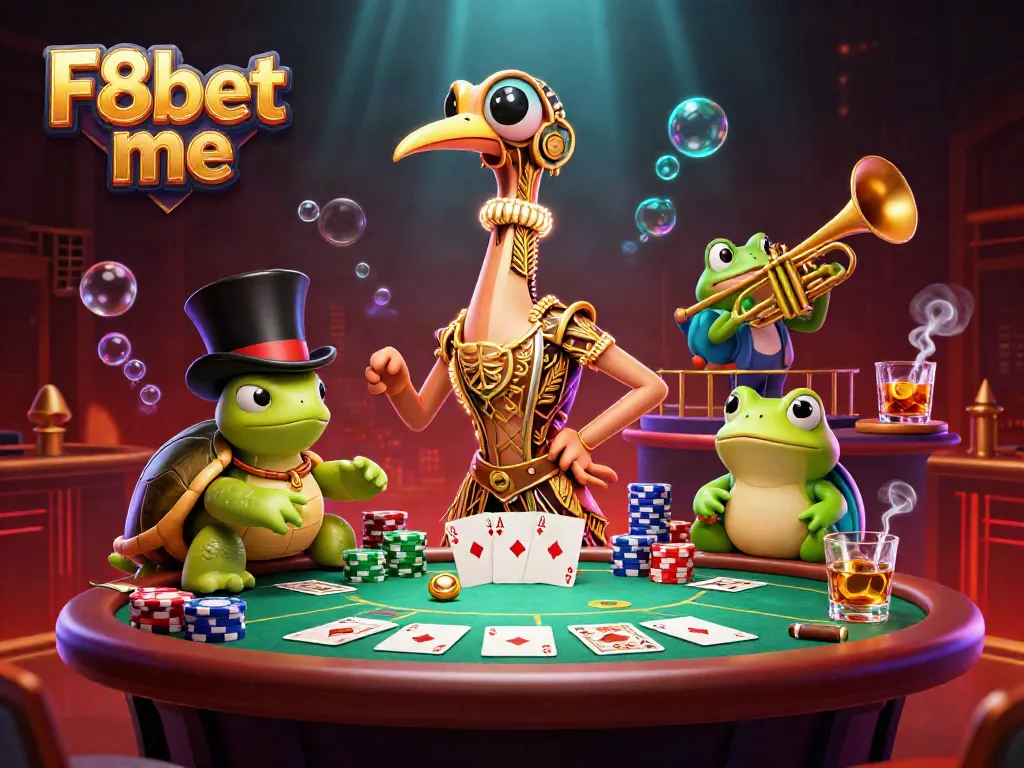 Experience the vibrant world of F8bet me with a whimsical casino scene featuring dynamic characters in a lively setting.