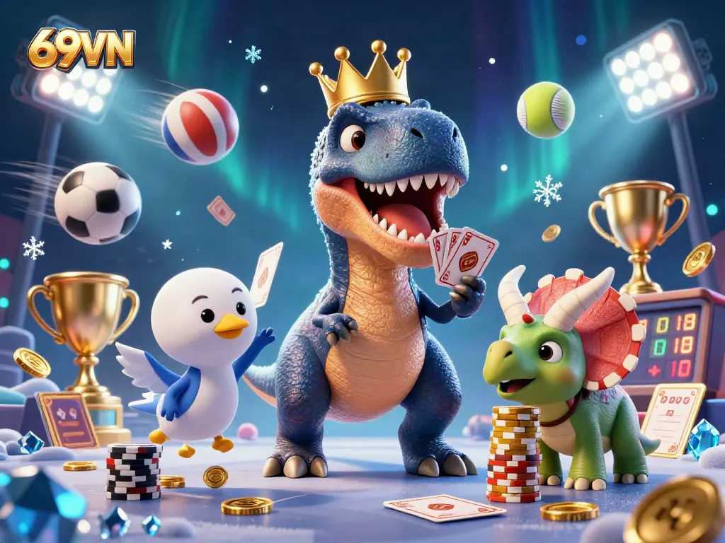 Engage in exciting gaming experiences at 69VN with friendly T-Rex, sporting action, and golden chips.