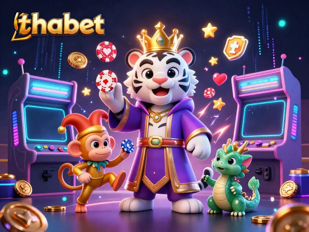 Experience exciting gameplay with thabet, featuring a lively scene of a royal tiger, jester monkey, and glowing arcade elements.