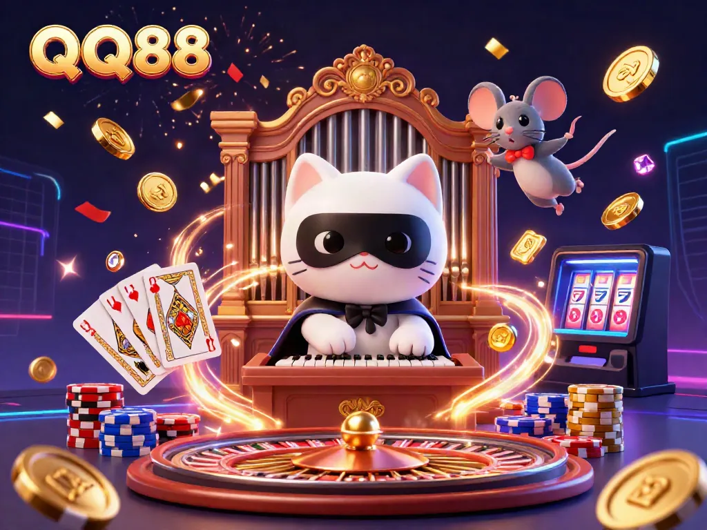 Engage with QQ88's thrilling casino scene featuring a magical phantom cat, mouse acrobat, and vibrant gaming elements.