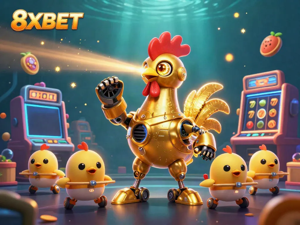 Experience the thrill of 8XBET with a golden rooster robot amidst colorful slot machines in a dynamic digital scene.