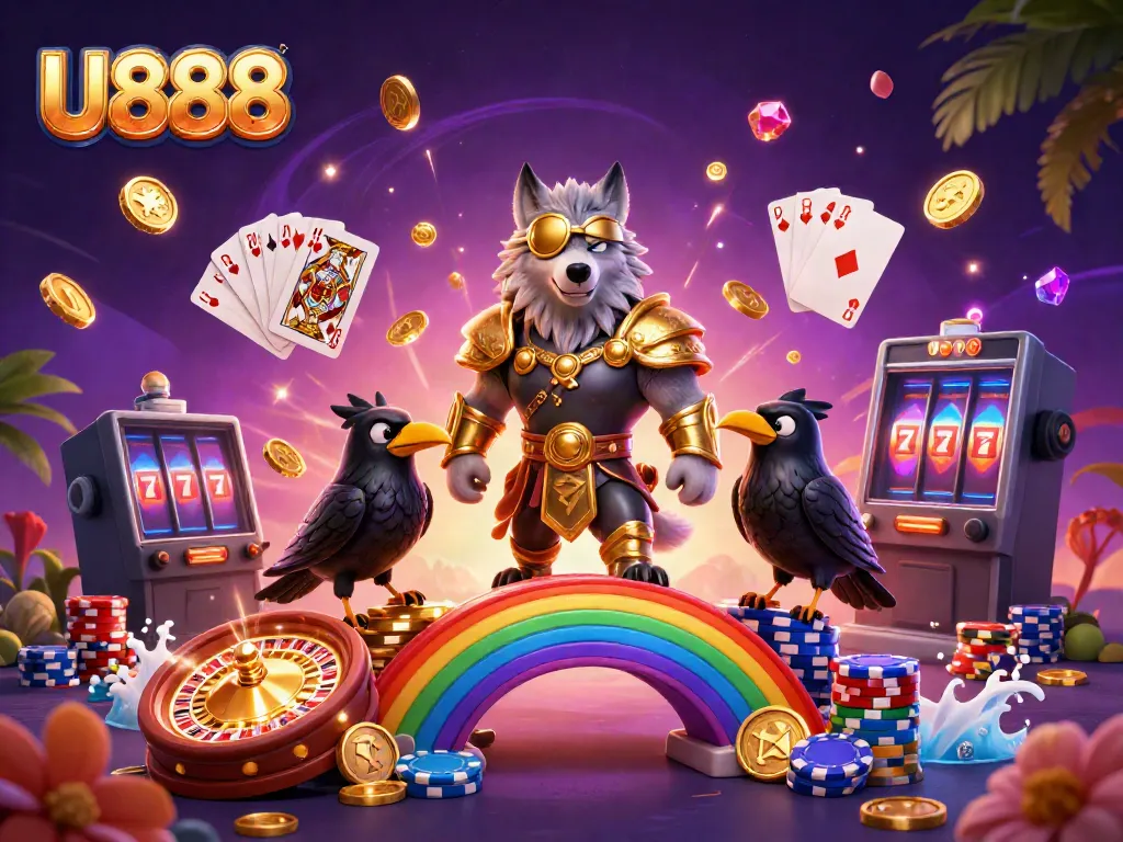 Experience the excitement of U888 with a vibrant casino-themed illustration featuring Norse mythology.