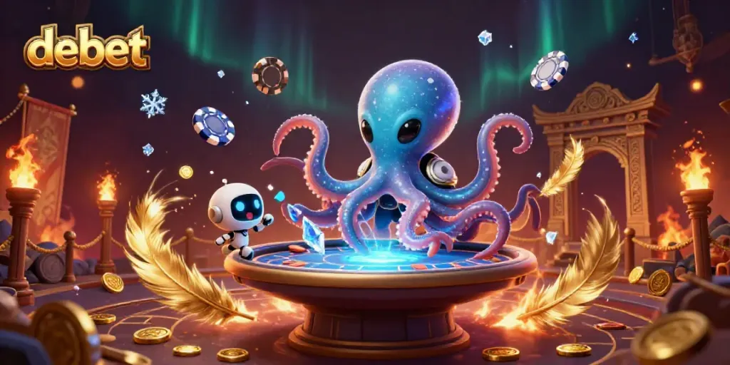 Engage with debet at a vibrant 3D poker scene featuring an alien octopus and a quirky robot.