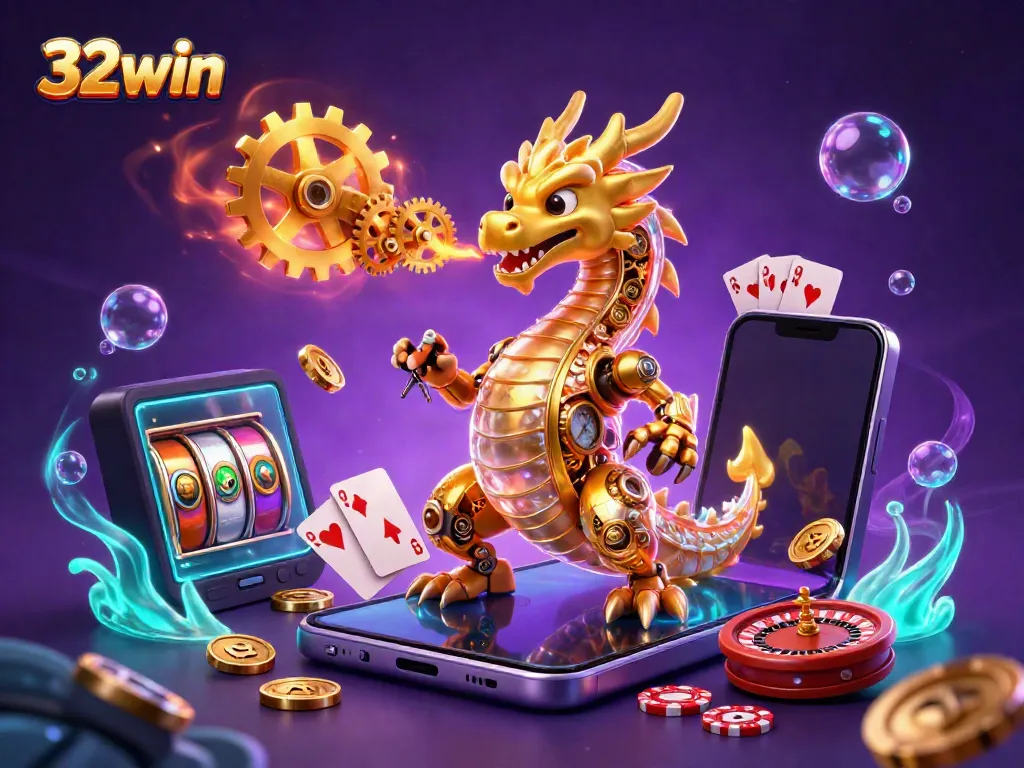 Engage with 32win through vibrant gaming elements and a dramatic golden dragon illustration.