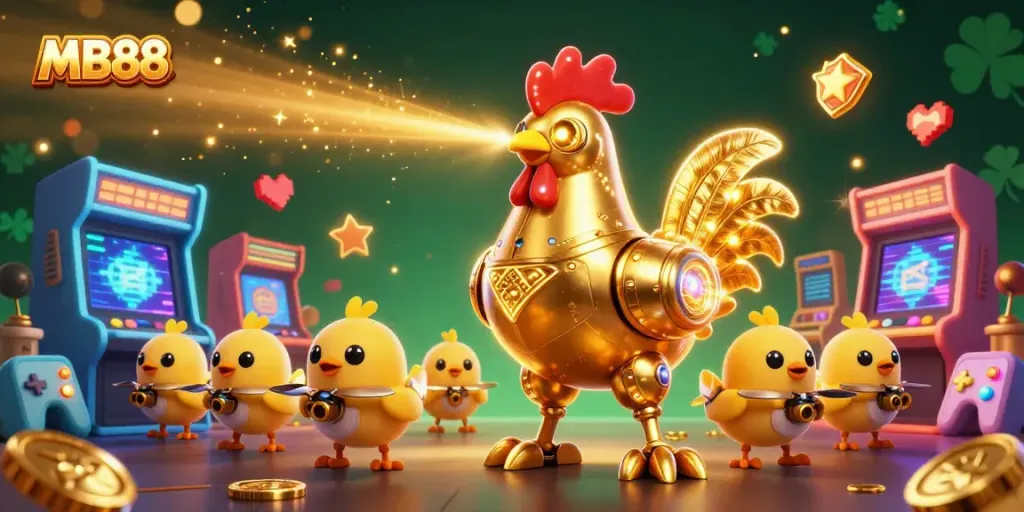 Engage in thrilling gaming adventures with MB88's vibrant illustration featuring a golden rooster robot amidst dynamic casino elements.